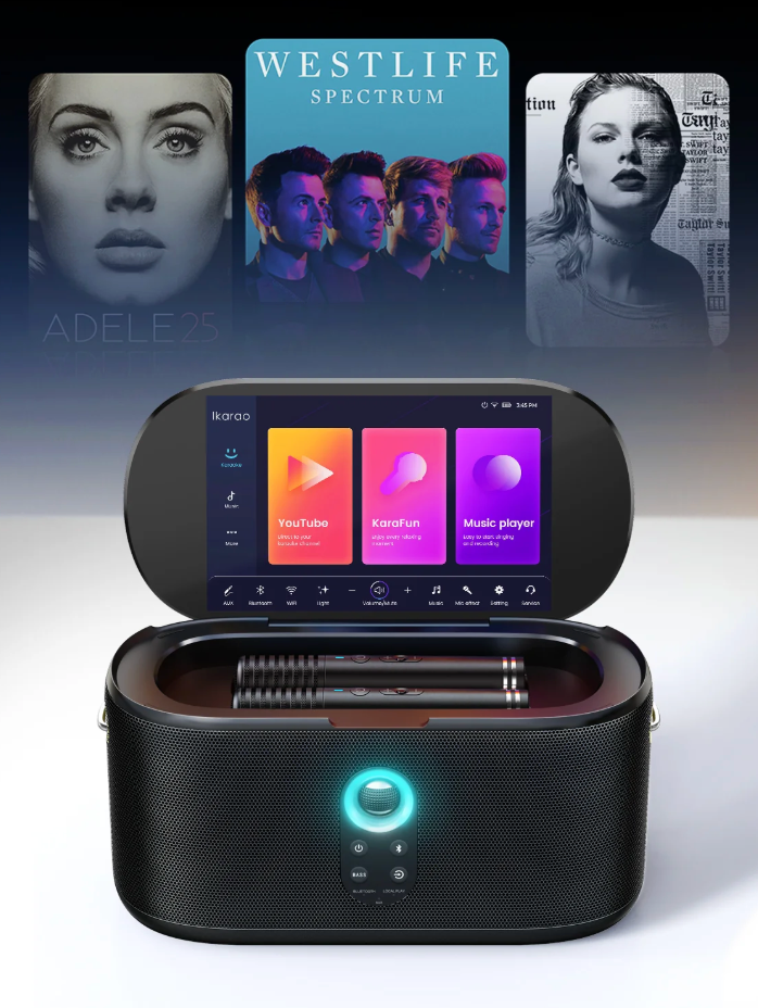 Speaker for listening, tablet for watching , microphones for karaoke